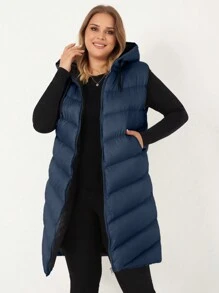 SHEIN Cottnline Abrigo acolchado sin mangas con capucha con cordón para mujer de talla grande - Azul Marino - Ver 1