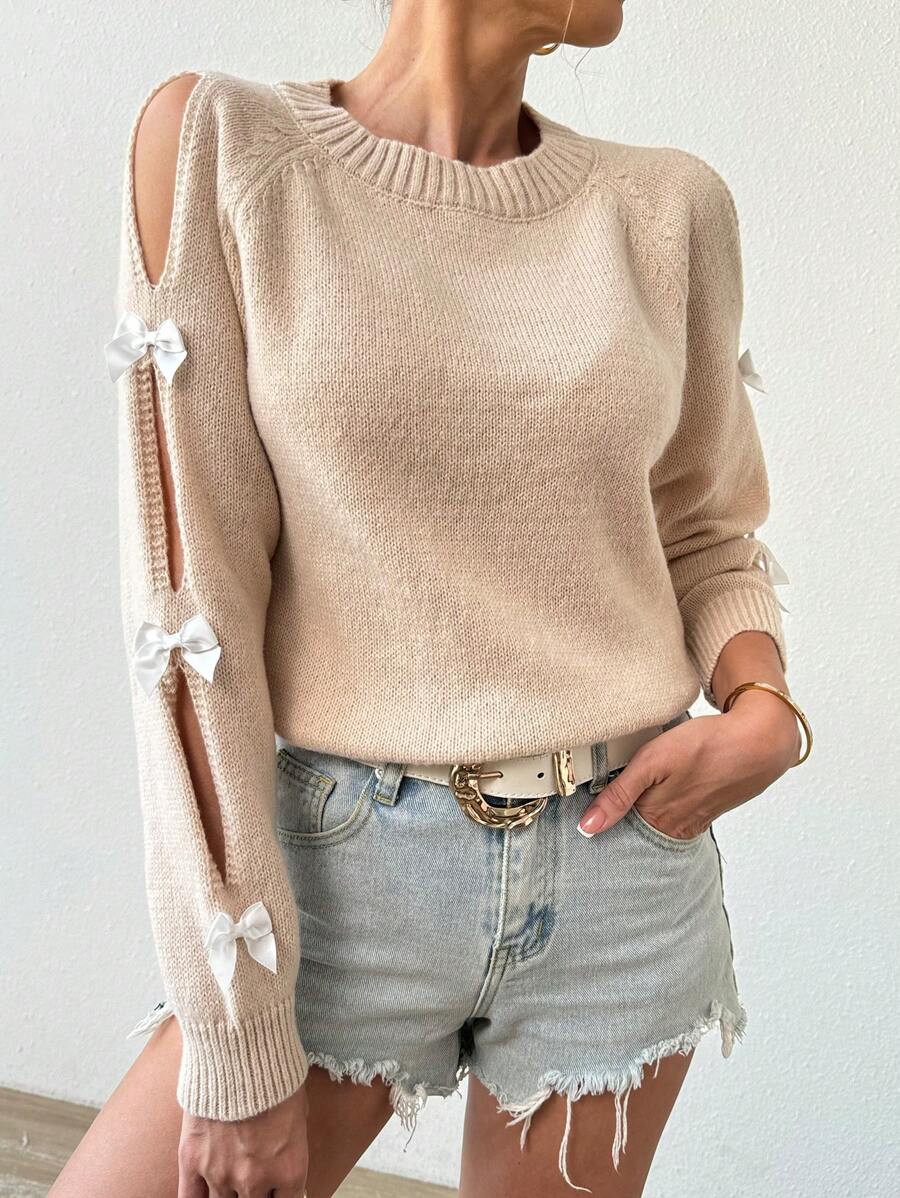 Chiquease Women's Round Neck Long Sleeve Sweater With Bow Decoration - Khaki - View 1