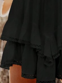Poéselle Falda negra de cintura alta con volantes en el bajo, empalmada con encaje, adecuada para vacaciones de verano - Negro - Ver 2
