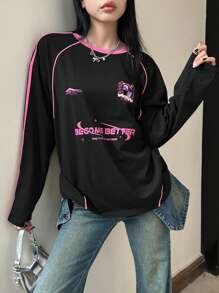 DAZY Women's Crew Neck Long Sleeve Letter Print Color Block Casual T-Shirt Jersey,Fall Clothes Graphic Tee - Black - View 5