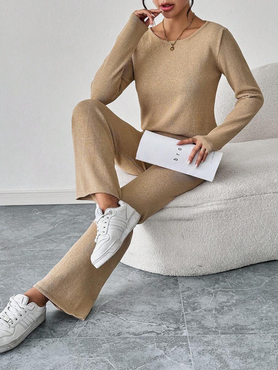 Roamenne Roamenne 2pcs Set Solid Color Round Neck Long Sleeve Casual Top And Pants - Khaki - View 1