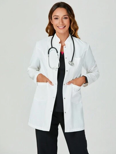 TaskEZ Women's White Lab Coat, Anti-Wrinkle Lightweight Doctor Dentist Surgeon Pharmacist Therapist, Uniform, Classic Lab Coat, Plain Front Button Long Sleeve Pocket Simple Lab Coat/White Coat Scrubs Uniform