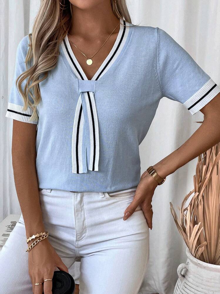 EMERY ROSE Women's Casual Striped Color Block Short Sleeve Knit Top, Spring/Summer - Blue - View 4