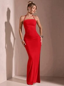 SHEIN BAE Women's Romantic Backless High Slit Halter Ruffle Wrap Vacation Dress For Summer - Red - View 2