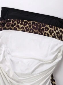 SHEIN EZwear 女士新款纯色和豹纹日常休闲褶皱无肩带上衣三件套，适合日常穿着 - 彩色 - 查看 5