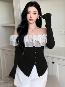 DAZY Color Block Fitted Long Sleeve Ruffle Trim Off-Shoulder Flare Sleeve Sweater For Women,Fall Clothes