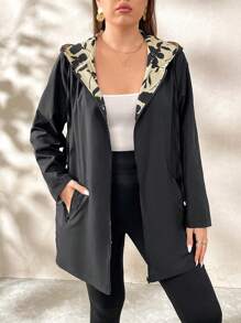 SHEIN Clasi Reversible Windbreaker Jacket, & Print On One Side, Solid Color On The Other Side, Plus Size, Autumn Winter Fall - Camel - View 4