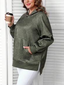 EMERY ROSE Plus Size Women's Casual Hooded Long Sleeve Fuzzy Sweatshirt For Fall & Winter With Pockets - Army Green - View 6