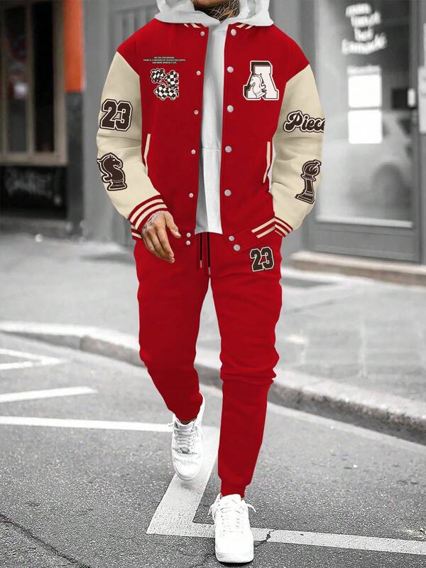 Manfinity Homme 2pcs Men's Front Button Long Sleeve Solid Color Patchwork Letter Print Casual Top And Pants Set