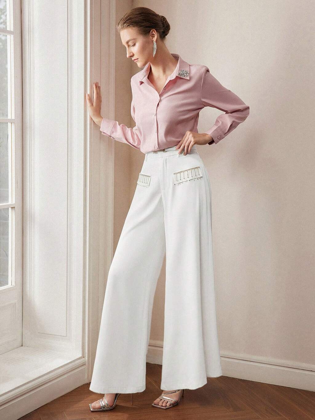 RHINESTONE FRINGE FLAP DETAIL WIDE LEG PANTS