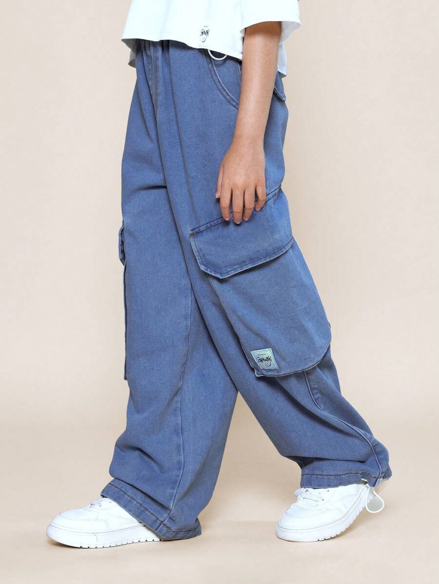 SUMWON Tween Girls Loose Fit Oversized Pocket Cargo Jean - Baby Blue - View 1