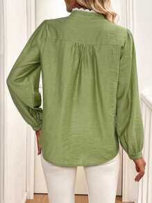 SHEIN LUNE Lace Trim Colorblock Stand Collar Puff Sleeve Shirt, Fall And Spring - Green - View 2