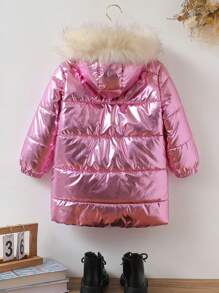 SHEIN Young Girls' Winter Fashionable Hooded Padded Coat With Laser Reflective Collar - Hot Pink - View 2