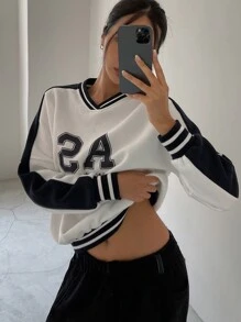 DAZY 女式休闲字母印花拼色套头衫，秋季女装 - 白色 - 查看 6