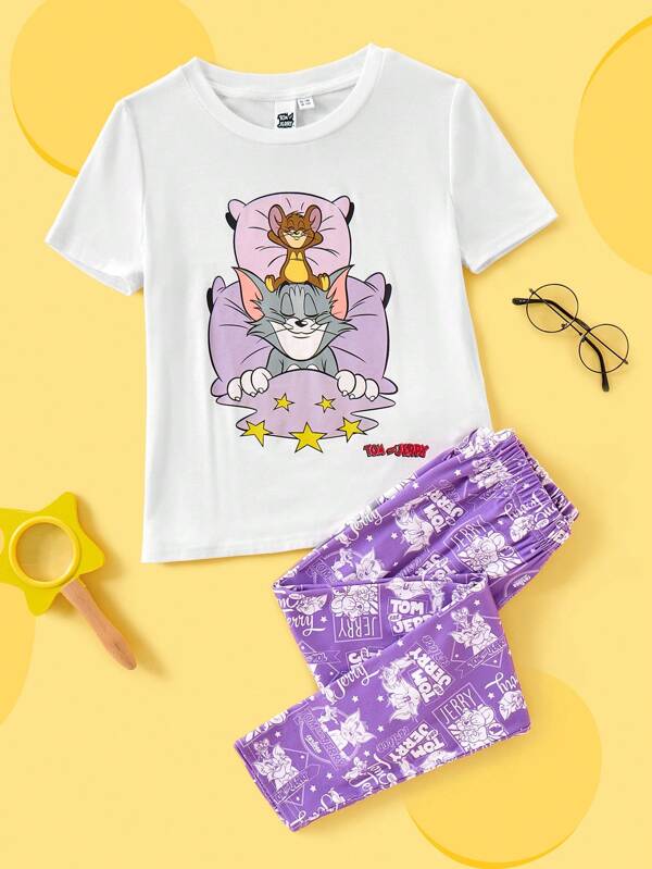 TOM & JERRY X SHEIN Tricou cu mânecă scurtă, versatil, alb, cu imprimeu de desene animate pentru fete Tween