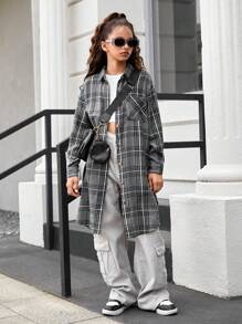 Tween Girl 复古学院风编织休闲格子字母图案落肩拼色高低下摆外套，长款衬衫外套 - 深灰色 - 查看 10