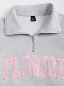 SHEIN Unity Embroidered Letter Half-Zip Casual Pullover Fall Sweatshirt - Grey - View 6