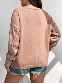 SHEIN Unity 大码女式秋冬甜美时尚百搭串珠 V 领纽扣短袖开衫毛衣 - 駝色 - 查看 8