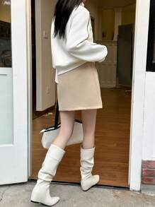 DAZY 女式拼色条纹高领长袖运动衫、长袖上衣，秋冬款 - 米色 - 查看 5