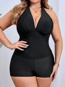 Conjunto de tankini de talla grande para mujer, de unicolor, con crop top y correa al cuello, para playa y vacaciones de verano - Negro - Ver 3