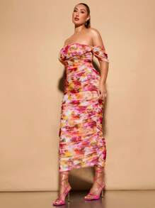 SHEIN BAE Plus Size Women Elegant Floral Print Off Shoulder Sweet Date Ruched Stretch Mesh Midi Dress - Multicolor - View 3