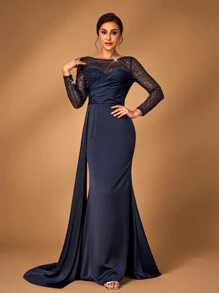 Serin Elegante vestido longo de noiva ou mãe da noiva com manga longa ilusão, azul marinho luxuoso, com aplicação de miçangas e lantejoulas, recortes em cetim e drapeado lateral - Azul Marinho - Visão 3