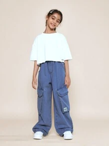 SUMWON Tween Girls Loose Fit Oversized Pocket Cargo Jean - Baby Blue - View 3