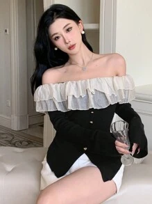DAZY Color Block Fitted Long Sleeve Ruffle Trim Off-Shoulder Flare Sleeve Sweater For Women,Fall Clothes
