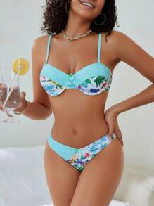 SHEIN Swim Conjunto de bikini sexy para mujer con estampado de plantas tropicales para playa de verano - Multicolor - Ver 4