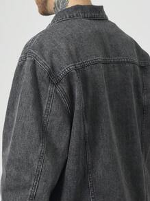 Manfinity Homme Chaqueta vaquera casual con cuello de solapa, botones delanteros, manga larga y estampado de letras para hombres