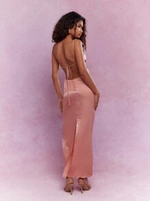 MISSGUIDED Satin-Maxi-Kleid mit ausgeschnittenem rückenfreiem Spaghettiträger - Pink - Übersicht 2