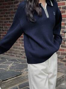 DAZY Color Block Letter Embroidery Loose Long Sleeve Zip-Up Sweater For Women