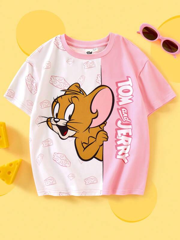 TOM & JERRY X SHEIN Tricou casual cu mânecă scurtă, cu mânecă scurtă, cu imprimeu de desene animate pentru fetiță, vară