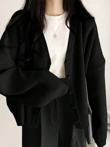 DAZY Áo khoác cardigan dáng rộng tay dài hở vai màu trơn cho nữ, Thu/Đông, Áo dài tay, Quần áo trở lại trường, Áo khoác nữ mùa thu - màu đen - Xem 3