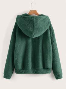 SHEIN LUNE Áo khoác nỉ trùm đầu màu trơn giản dị có dây rút, mùa thu đông - Màu xanh Ô liu - Xem 2