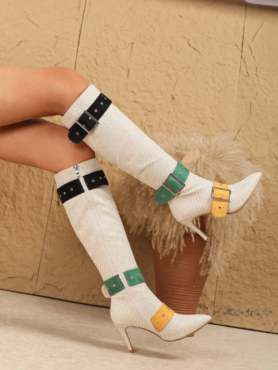 Giày bốt cao đến đầu gối mũi nhọn thời trang đa năng cho nữ Giáng sinh - Màu be - Xem 1