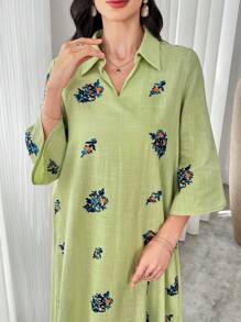 Al Najma Women's Floral Print 3/4 Sleeve Long Collar Arabian Modest Dress