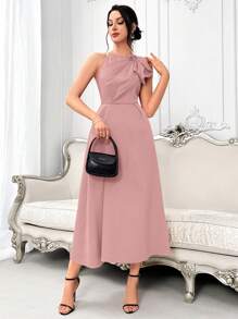 Modelyn Women's Summer Solid Color Ruffle Hem Pleated Maxi Sleeveless Elegant Dress Long Evening Dresses - Pink - View 6