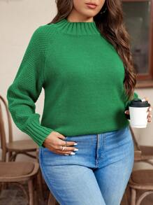 SHEIN LUNE Plus Size Women's Autumn/Winter Solid Stand Collar Raglan Sleeve Loose Casual Sweater Knit Pullover Fall Outfit
