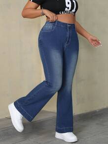 SHEIN ICON Pantalones vaqueros de campana con bolsillos de talla grande para mujer, casuales y versátiles - Azul lavado oscuro - Ver 1