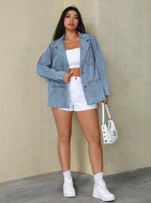 SHEIN EZwear Plus Size Casual Denim Collar Jacket, Spring Autumn