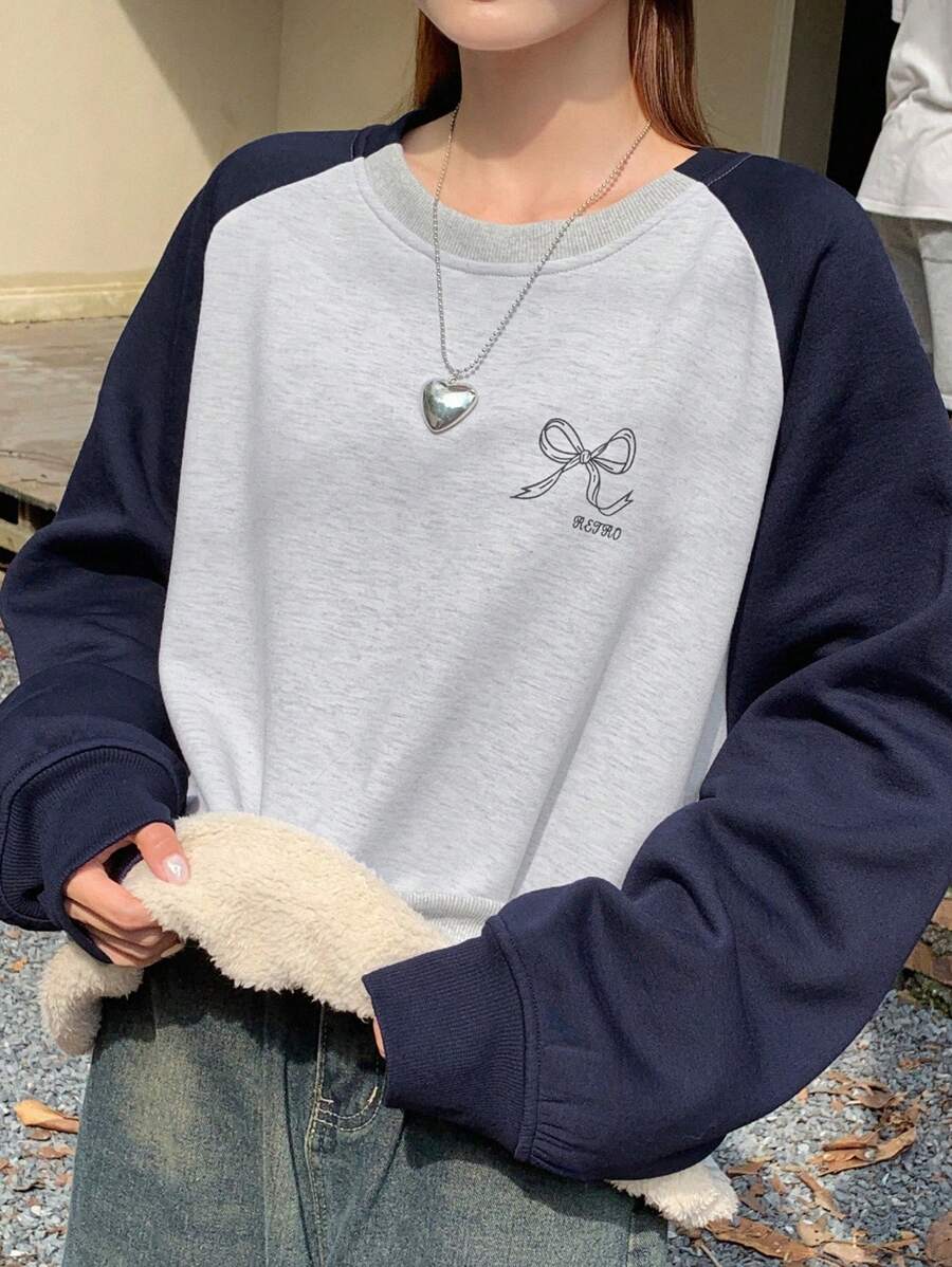 DAZY Áo nỉ in họa tiết màu tương phản lót nhiệt rộng rãi ấm áp cho nữ, quần áo mùa thu - Màu xanh hải quân - Xem 1