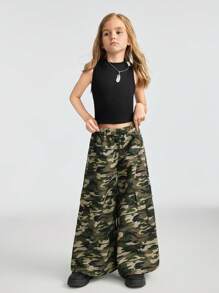 SHEIN 青少年女孩服装裤子返校服装服装妈妈和我的 Kpop Y2k 宽腿格子迷彩工装裤足球/排球感恩节万圣节服装圣诞节运动裤春/秋/冬 - 彩色 - 查看 5