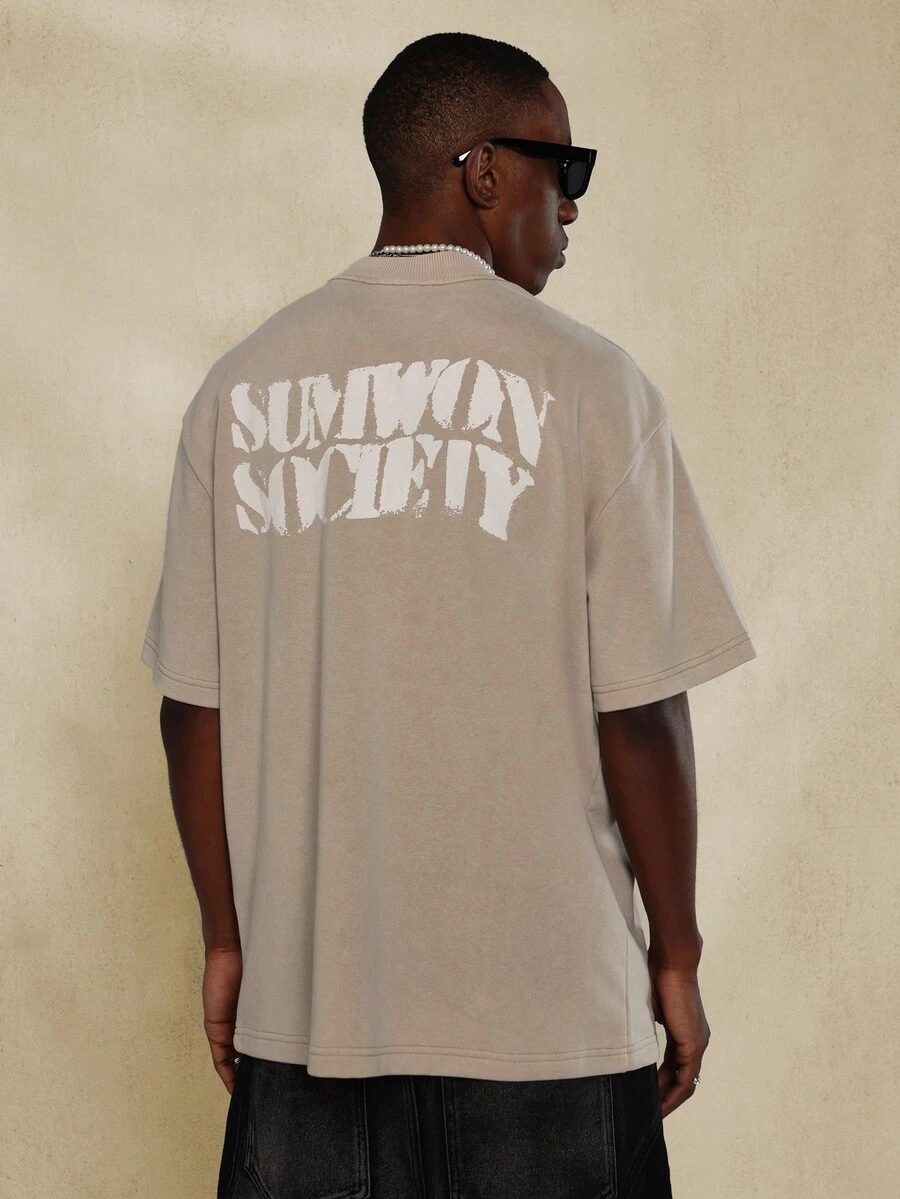SUMWON Áo phông Washed có in hình chữ - Màu Khaki - Xem 1