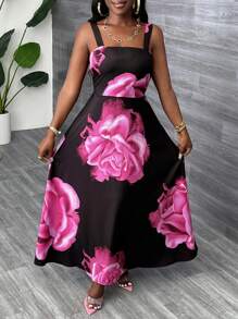 Slaydiva Summer New Style Casual Holiday Elegant Daily Date Vest Wide Strap Waist A-Line Skirt Full Black Bottom Red Flower Print Women's Long Dress