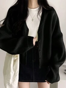 DAZY Áo khoác cardigan dáng rộng tay dài hở vai màu trơn cho nữ, Thu/Đông, Áo dài tay, Quần áo trở lại trường, Áo khoác nữ mùa thu - màu đen - Xem 1
