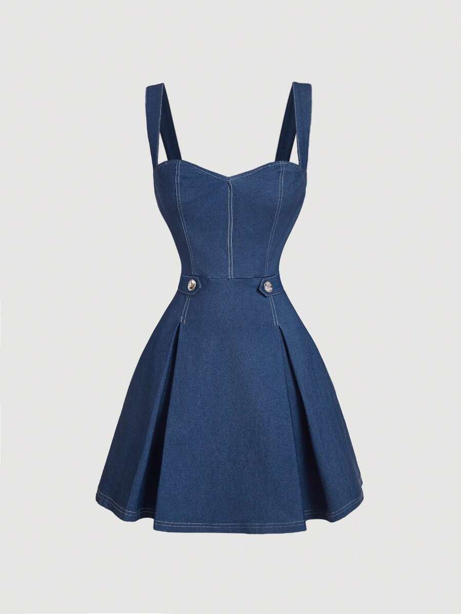 SHEIN MOD Vestido de tirantes efecto vaquero para mujer, vestido corto de graduación, vestidos de otoño - Azul lavado medio - Ver 1