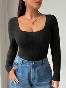 SHEIN EZwear Camiseta de punto de cuello redondo de manga larga, de tela elástica de punto negro, de uso diario y casual, cómoda para yoga, interior y exterior, para mujer de talla grande, para el invierno