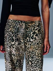 Leopard Print Zipper Front Wide Leg Pants