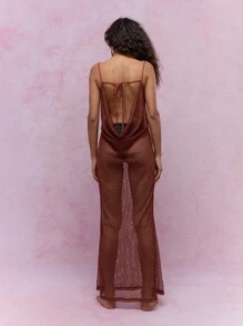 MISSGUIDED 圣诞节薄纱网眼纹理垂领露背喇叭下摆吊带长裙 - 紅木色 - 查看 2